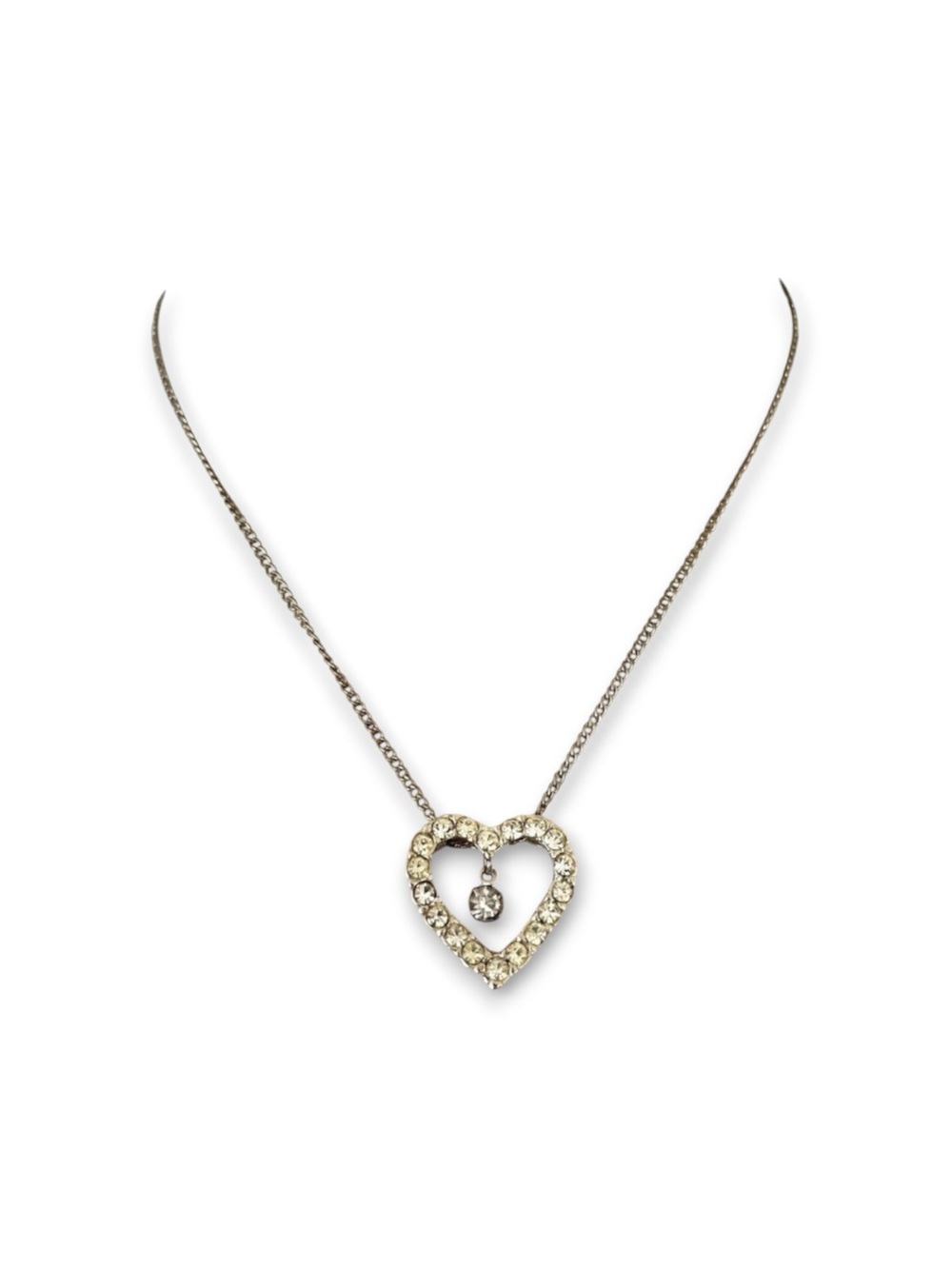 Vintage Necklace Rhinestone Heart Pendant Cable Chain Box Clasp Closure